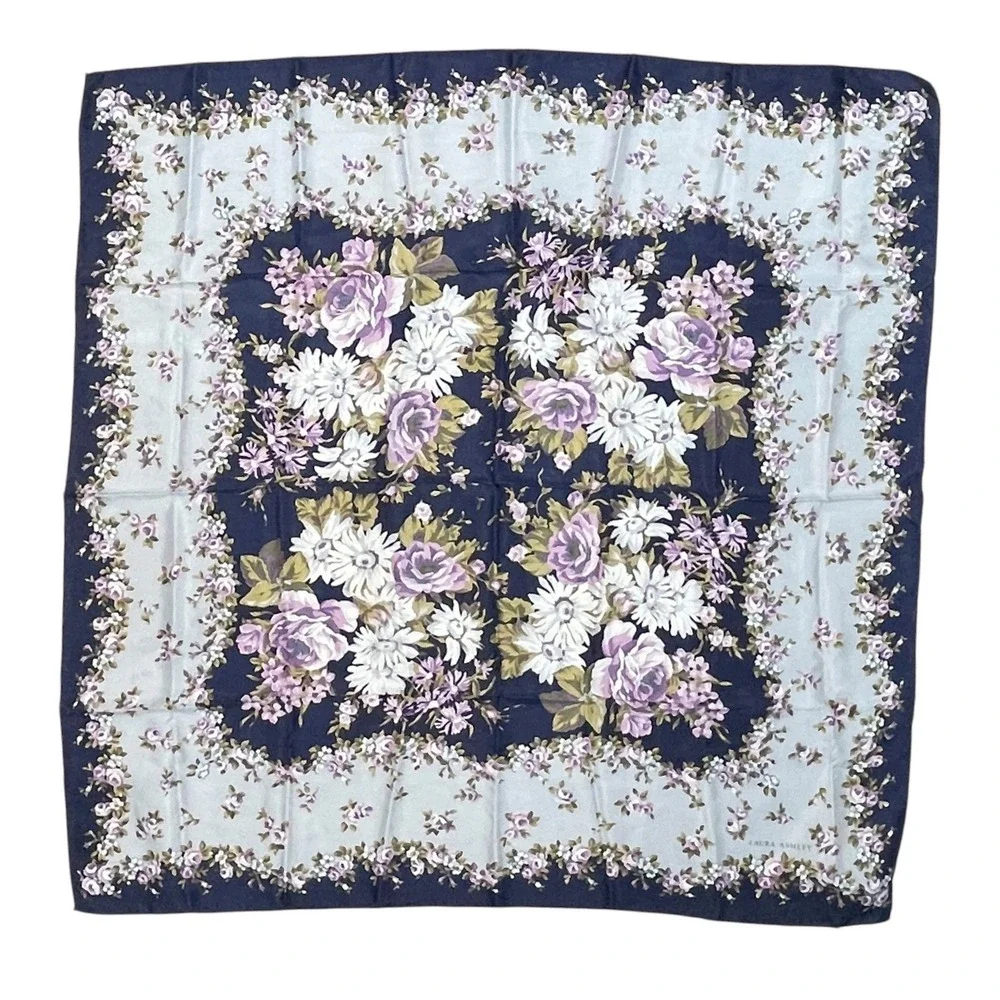 VTG Laura Ashley Silk Scarf Blue Floral Square Made in Italy 34x34 Cottagecore